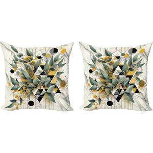 Ambesonne Eucalyptus Leaves Decorative Throw Pillow Case Pack of 2, Gloomy Love of Nature on Neutral Watercolor Art Background, Couch Bedroom Living Room Cushion Cover, 20″, Mustard and Reseda Green(Green Black Mustard)