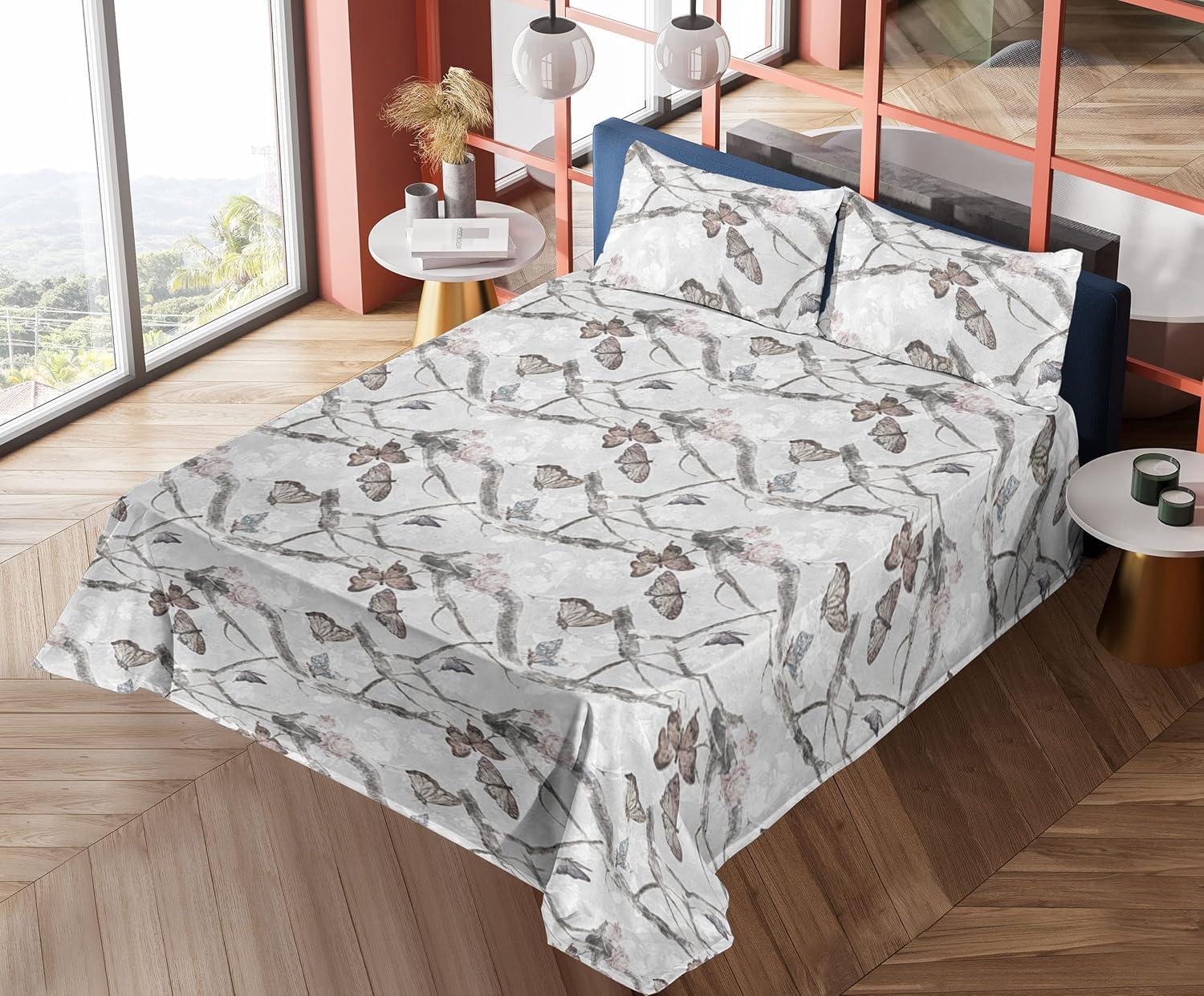 imageAmbesonne Butterflies Sheet Set Watercolor Design Branches Spring Life on Neutral Colored Backdrop Fitted and Flat Sheet with Pillowcases Bedding Accent 4 Piece Set Queen Pale Grey Sepia BlushPale Grey Sepia Blush