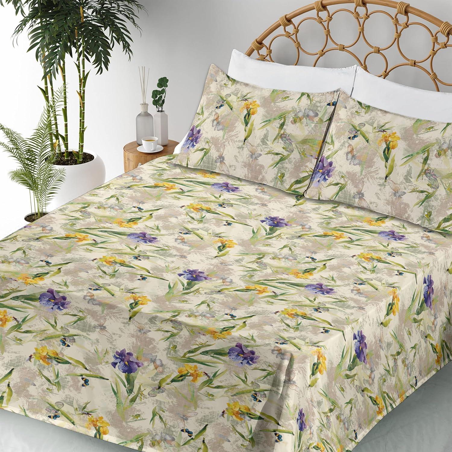 imageAmbesonne Butterflies Sheet Set Watercolor Design Branches Spring Life on Neutral Colored Backdrop Fitted and Flat Sheet with Pillowcases Bedding Accent 4 Piece Set Queen Pale Grey Sepia BlushCream Mustard Blue Violet
