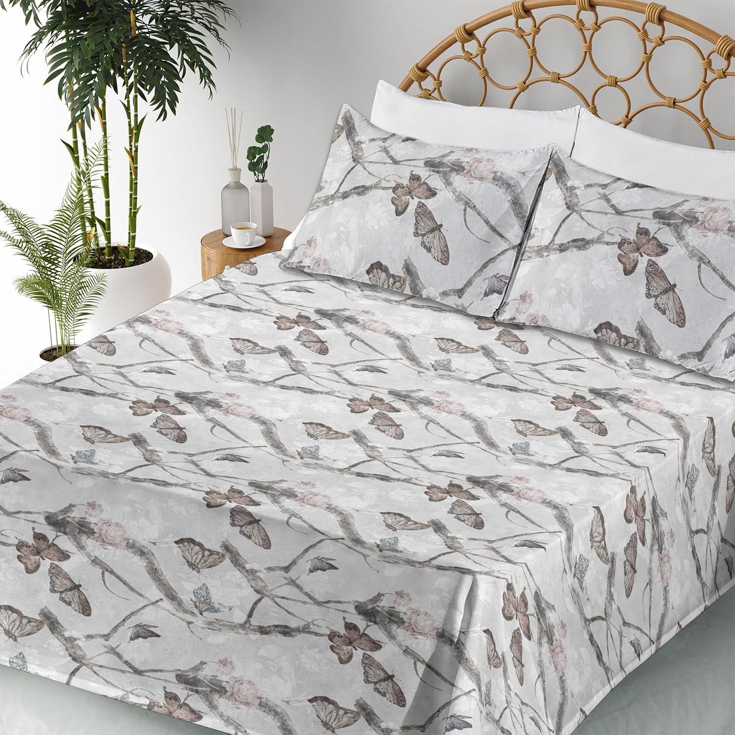imageAmbesonne Butterflies Sheet Set Watercolor Design Branches Spring Life on Neutral Colored Backdrop Fitted and Flat Sheet with Pillowcases Bedding Accent 4 Piece Set Queen Pale Grey Sepia BlushPale Grey Sepia Blush