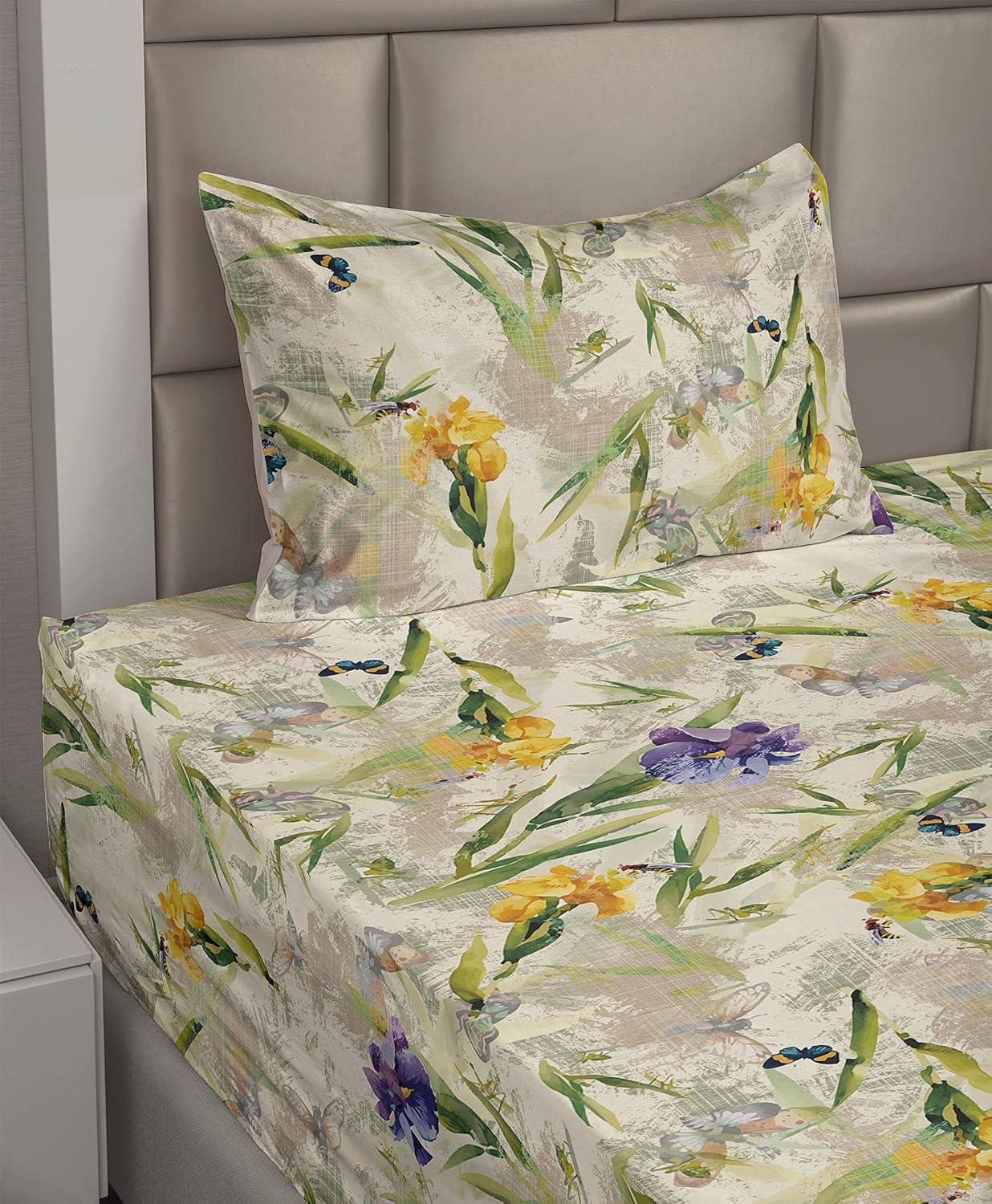 imageAmbesonne Butterflies Sheet Set Watercolor Design Branches Spring Life on Neutral Colored Backdrop Fitted and Flat Sheet with Pillowcases Bedding Accent 4 Piece Set Queen Pale Grey Sepia BlushCream Mustard Blue Violet