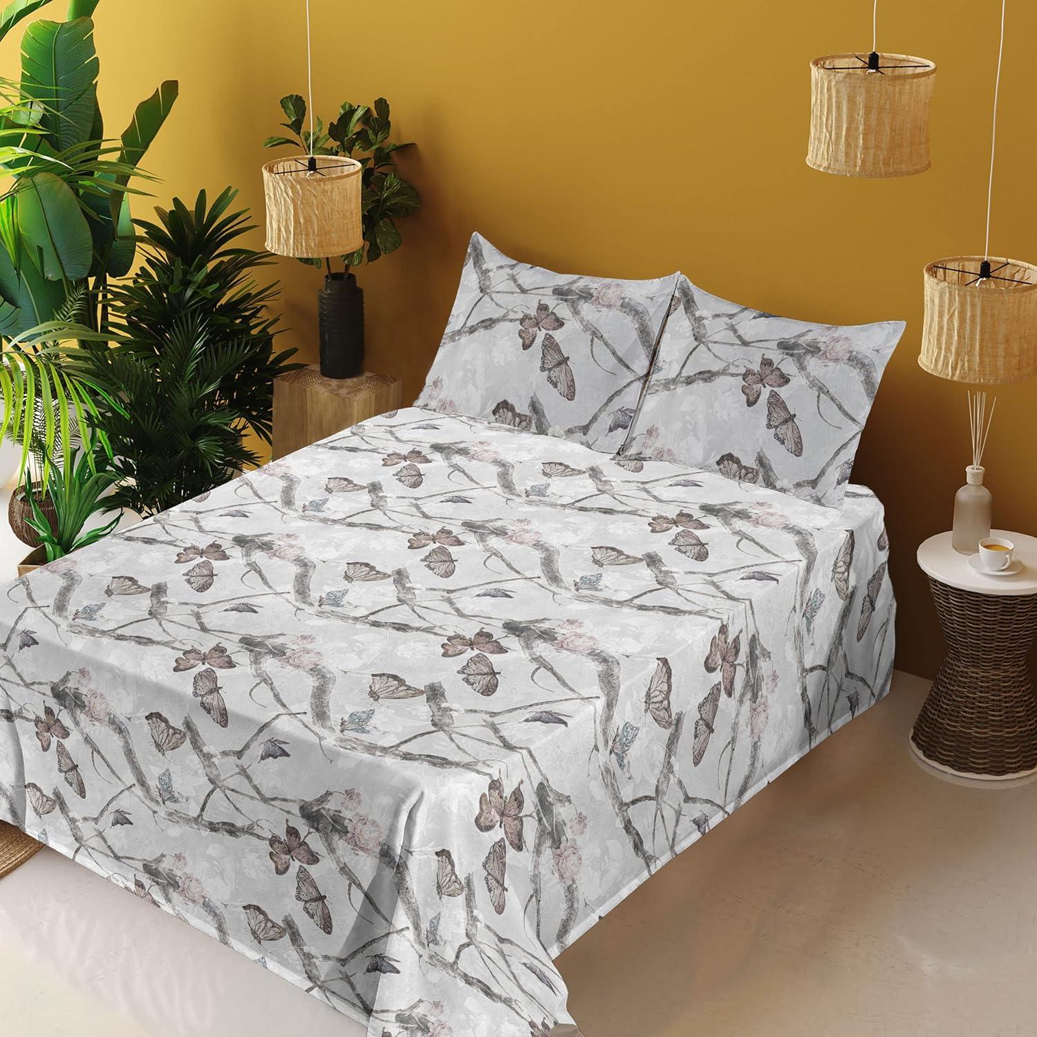 imageAmbesonne Butterflies Sheet Set Watercolor Design Branches Spring Life on Neutral Colored Backdrop Fitted and Flat Sheet with Pillowcases Bedding Accent 4 Piece Set Queen Pale Grey Sepia BlushPale Grey Sepia Blush