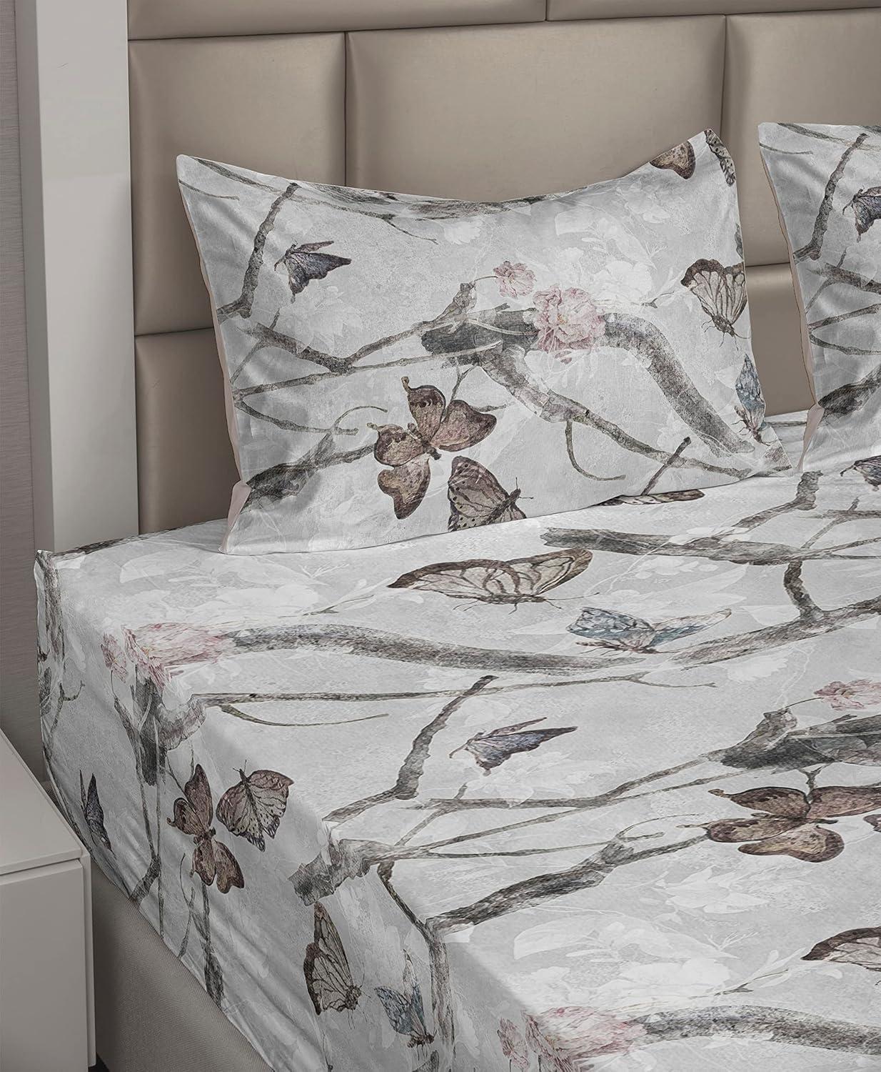 imageAmbesonne Butterflies Sheet Set Watercolor Design Branches Spring Life on Neutral Colored Backdrop Fitted and Flat Sheet with Pillowcases Bedding Accent 4 Piece Set Queen Pale Grey Sepia BlushPale Grey Sepia Blush