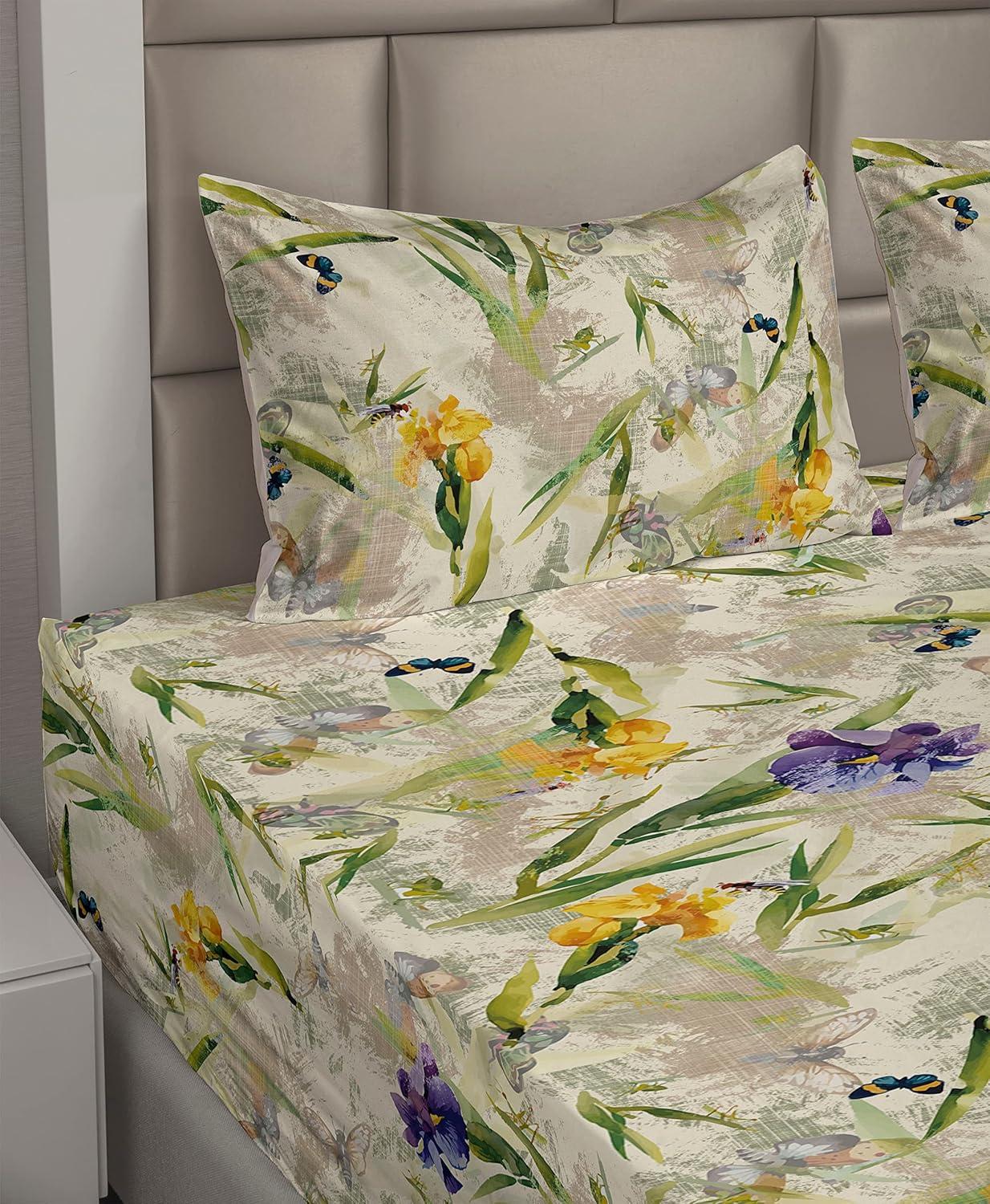 imageAmbesonne Butterflies Sheet Set Watercolor Design Branches Spring Life on Neutral Colored Backdrop Fitted and Flat Sheet with Pillowcases Bedding Accent 4 Piece Set Queen Pale Grey Sepia BlushCream Mustard Blue Violet