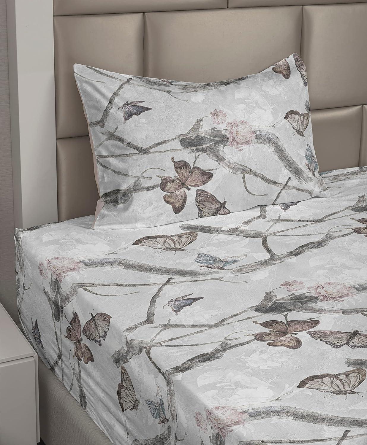imageAmbesonne Butterflies Sheet Set Watercolor Design Branches Spring Life on Neutral Colored Backdrop Fitted and Flat Sheet with Pillowcases Bedding Accent 4 Piece Set Queen Pale Grey Sepia BlushPale Grey Sepia Blush