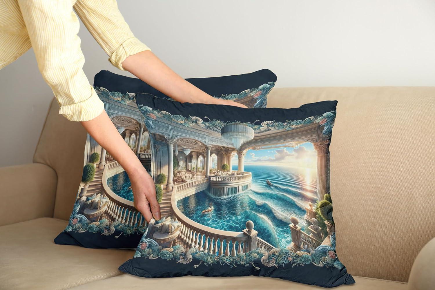 imageAmbesonne Classic Decorative Throw Pillow Case Pack of 2 Extravagant Hall with Oceanic and Neutral Color Details Room View Print Couch Bedroom Living Room Cushion Cover 18quot Coconut and Sea BlueDark Turquoise and Ecru