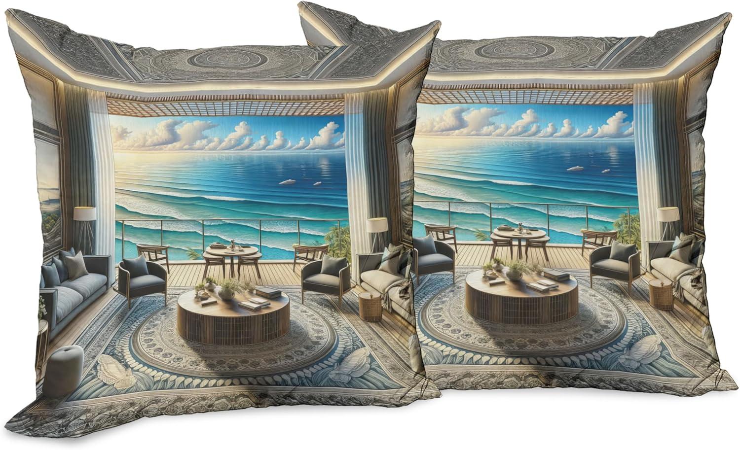 imageAmbesonne Classic Decorative Throw Pillow Case Pack of 2 Extravagant Hall with Oceanic and Neutral Color Details Room View Print Couch Bedroom Living Room Cushion Cover 18quot Coconut and Sea BlueCoconut Blue and Turquoise