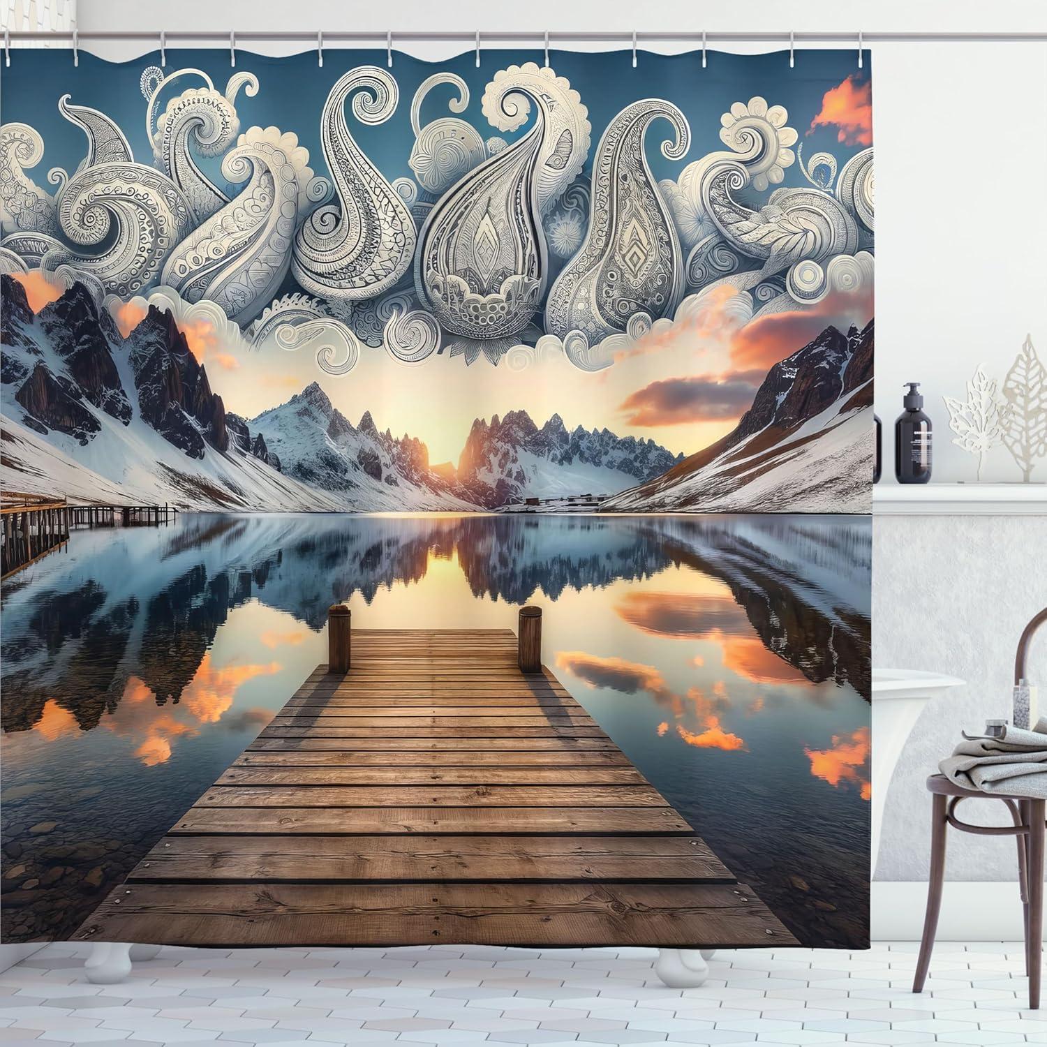imageAmbesonne Classic Shower Curtain Hedonistic Pampered Room in Muted Tones Neutral Colors Rich Ornament Cloth Fabric Bathroom Decor Set with Hooks 69quot W x 84quot L Coconut and Off WhiteSlate Blue and Peach