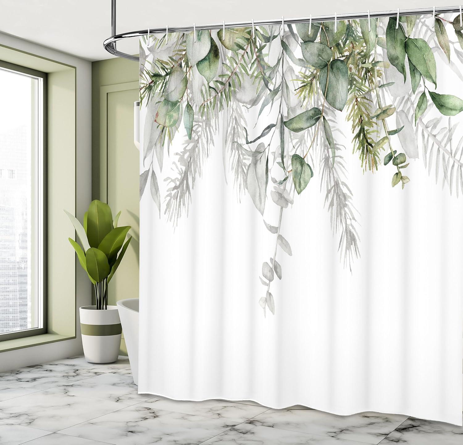 imageAmbesonne Eucalyptus Shower Curtain Watercolor Leaves Top Plant Print Cold Tones Floral Illustration Cloth Fabric Bathroom Decor Set with Hooks 69quot W x 70quot L Pale Reseda Green White