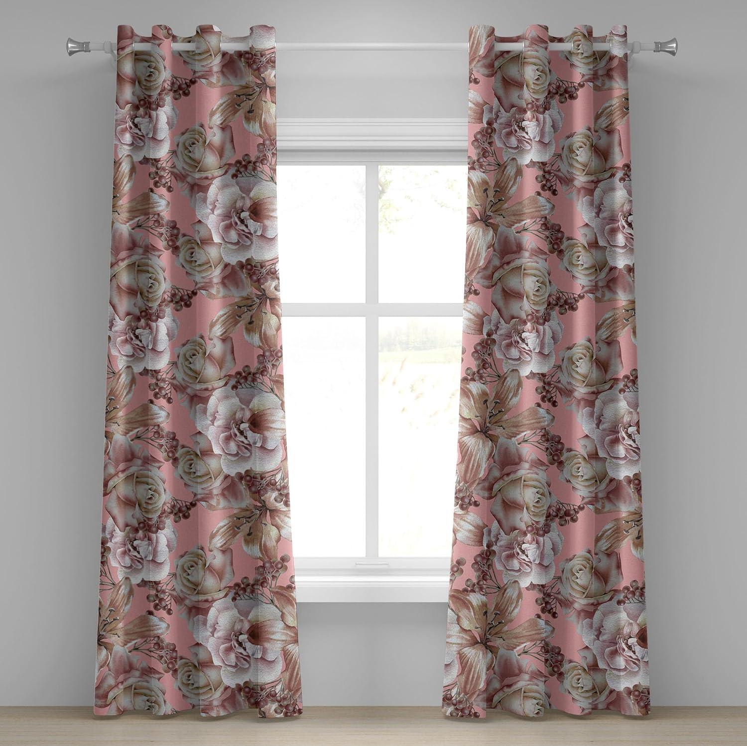 imageAmbesonne Floral Design Grommet Curtain Abstract Boho Inspirations Neutral Flowers Silhouettes on Grunge Back Decorative 2Panel Window Drapes for Bedroom Living Room 50quot x 120quot Dimgray Pale GreyPastel Pink and Pale Redwood