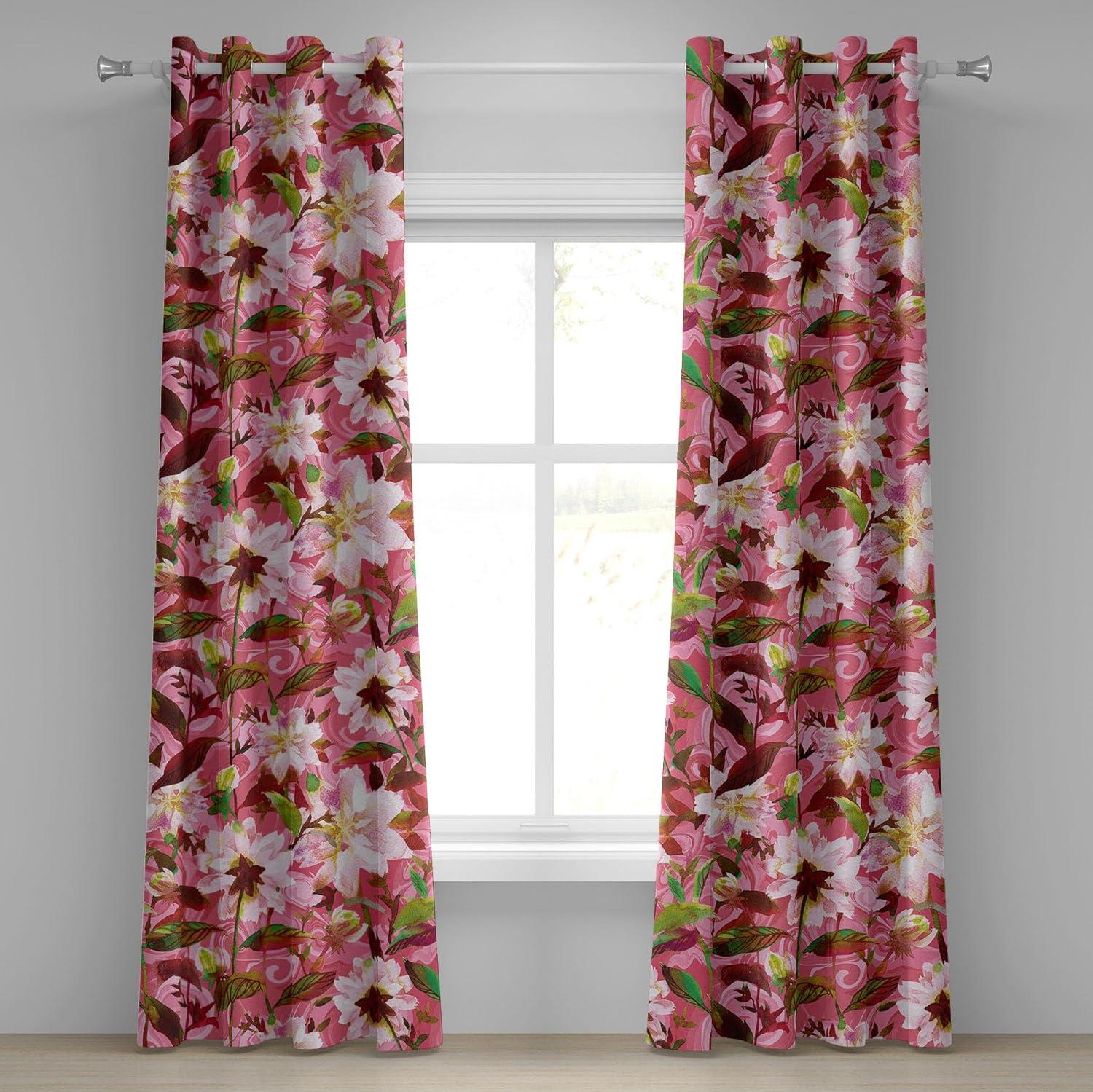 imageAmbesonne Floral Design Grommet Curtain Abstract Boho Inspirations Neutral Flowers Silhouettes on Grunge Back Decorative 2Panel Window Drapes for Bedroom Living Room 50quot x 120quot Dimgray Pale GreyPastel Pink Fern Green