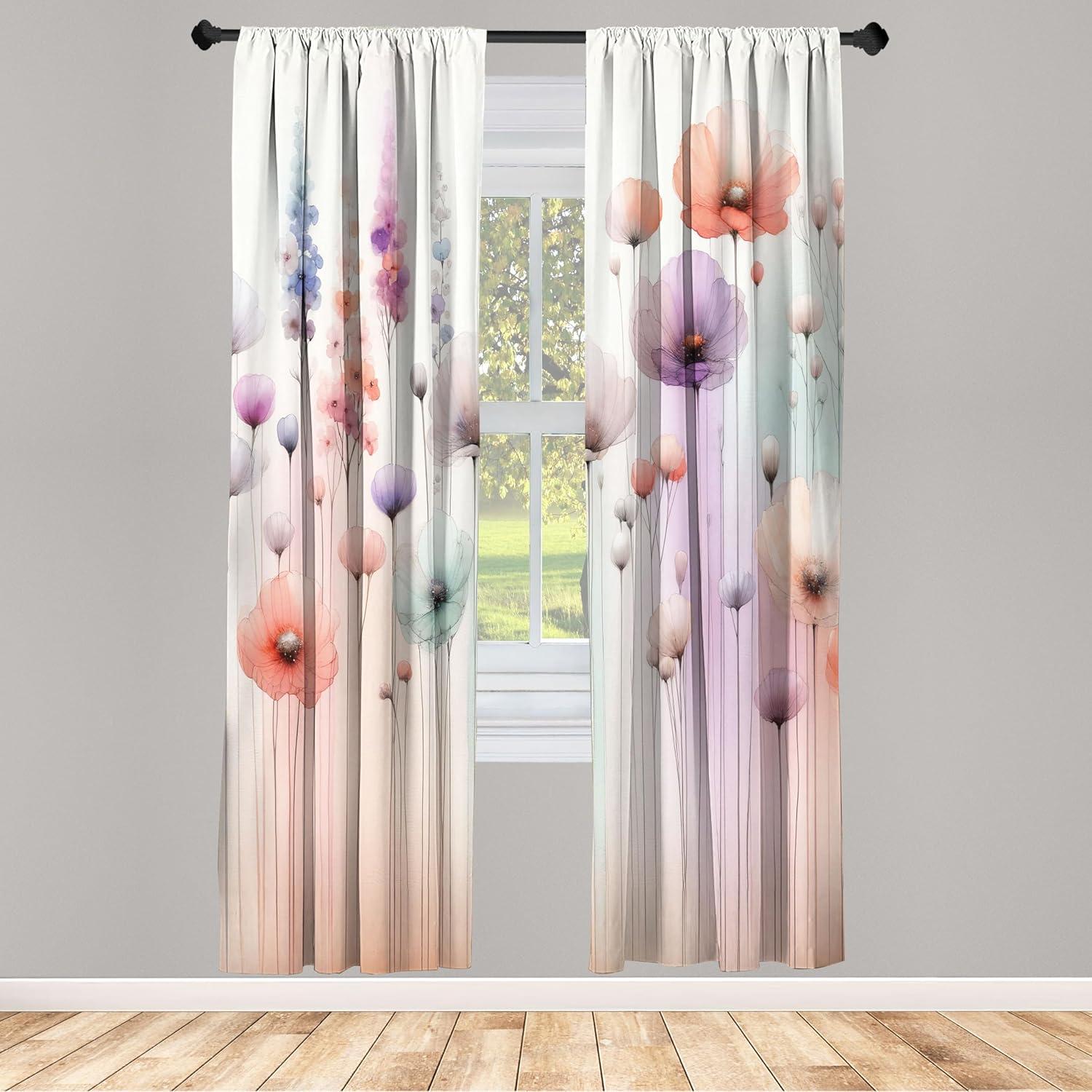 imageAmbesonne Floral Window Curtains Pack of 2 Minimalist Design Cozy Neutral Farmhouse Plaid with Leaves and Flowers Lightweight Set ampamp Rod Pocket 4 Panels of 28quot x 63quot Sage Green Blue YellowCoral Lilac Mint Green
