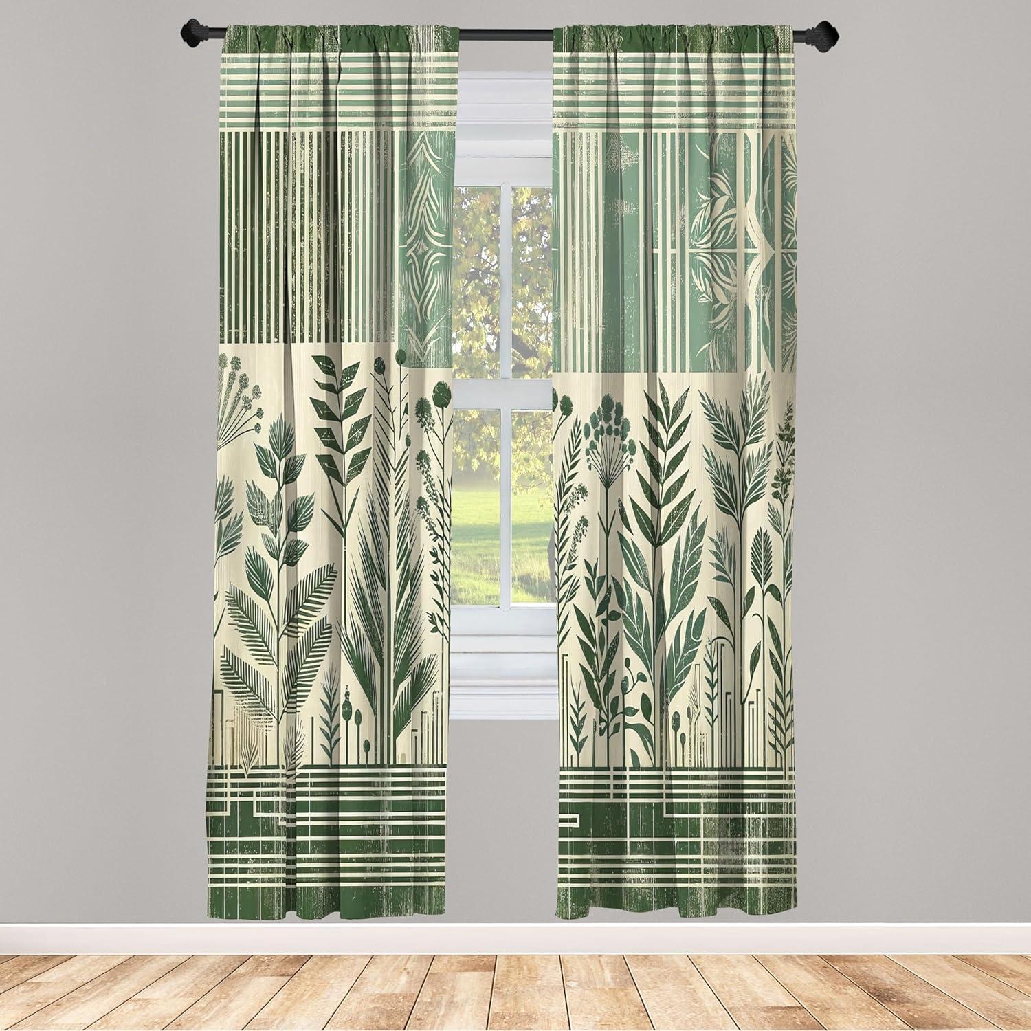 imageAmbesonne Floral Window Curtains Pack of 2 Minimalist Design Cozy Neutral Farmhouse Plaid with Leaves and Flowers Lightweight Set ampamp Rod Pocket 4 Panels of 28quot x 63quot Sage Green Blue YellowLaurel Green Champagne