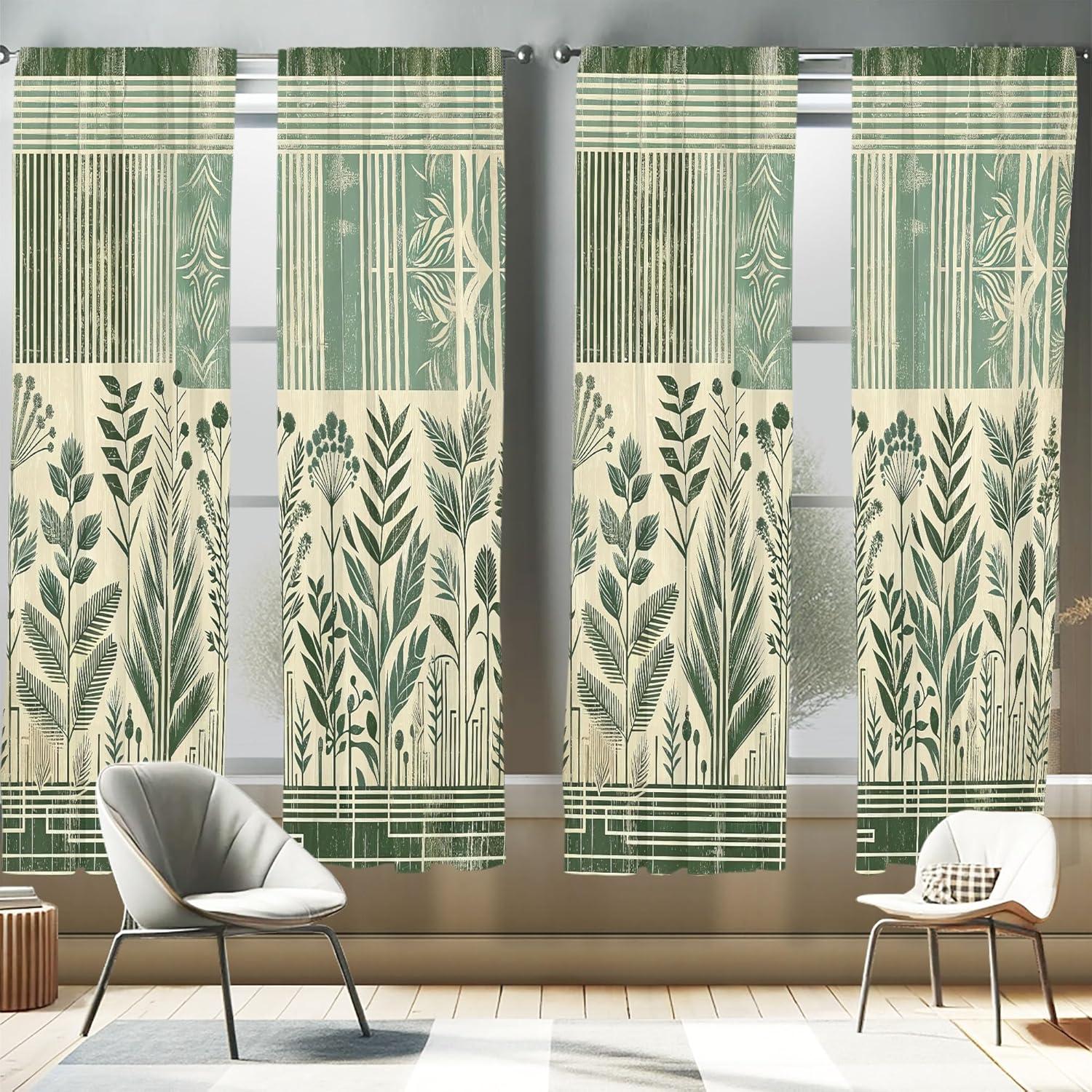imageAmbesonne Floral Window Curtains Pack of 2 Minimalist Design Cozy Neutral Farmhouse Plaid with Leaves and Flowers Lightweight Set ampamp Rod Pocket 4 Panels of 28quot x 63quot Sage Green Blue YellowLaurel Green Champagne