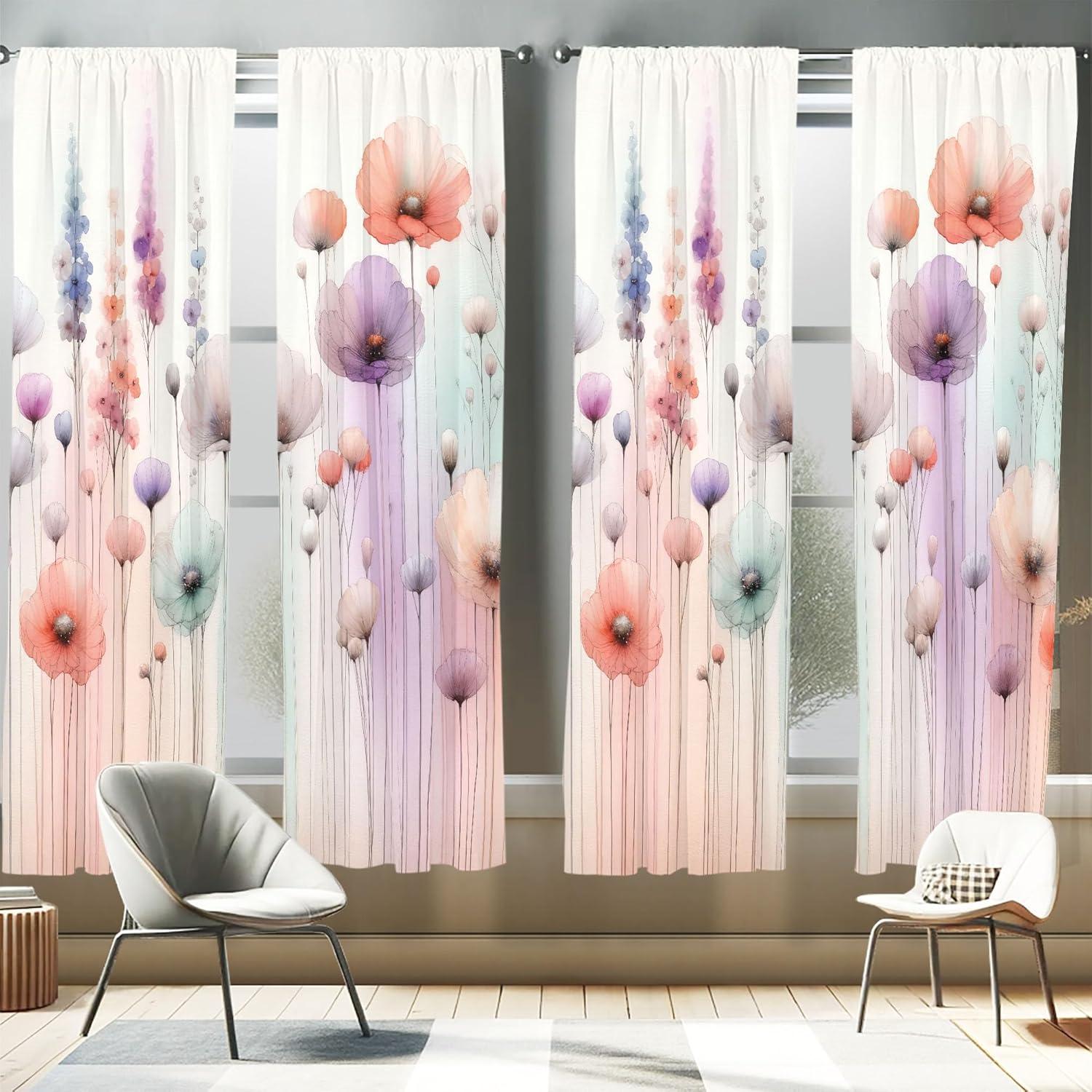 imageAmbesonne Floral Window Curtains Pack of 2 Minimalist Design Cozy Neutral Farmhouse Plaid with Leaves and Flowers Lightweight Set ampamp Rod Pocket 4 Panels of 28quot x 63quot Sage Green Blue YellowCoral Lilac Mint Green