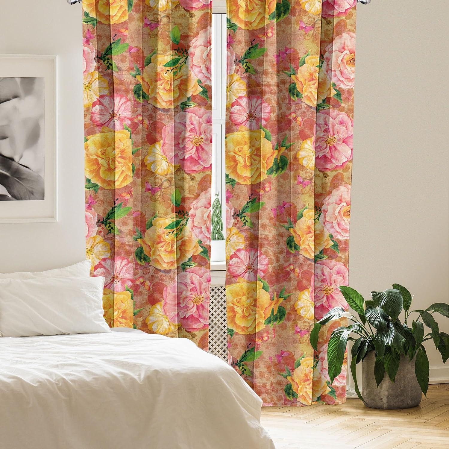 imageAmbesonne Flowers Curtains Watercolor Floral Design with Neutral Colors Boho Leaves Autumn Vibes Window Treatments 2 Panel Set for Living Room Bedroom Pair of 28quot x 63quot Deep Sky Blue Sand BrownPale Pink Mustard