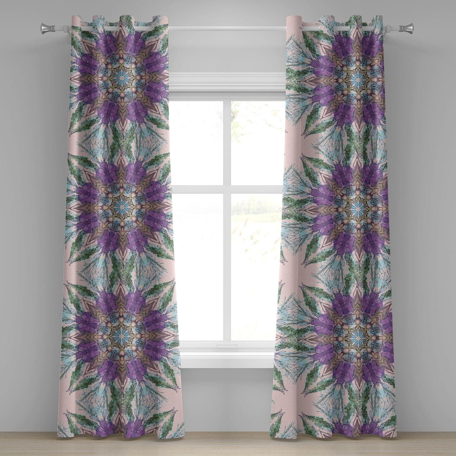 imageAmbesonne Jungle Boho Grommet Curtain Dreamy Silhouettes of Flowers Vintage Drawn with Lines Neutral Art Decorative 2Panel Window Drapes for Bedroom Living Room 50quot x 63quot Almond Green Sea GreenViolet Green Blue