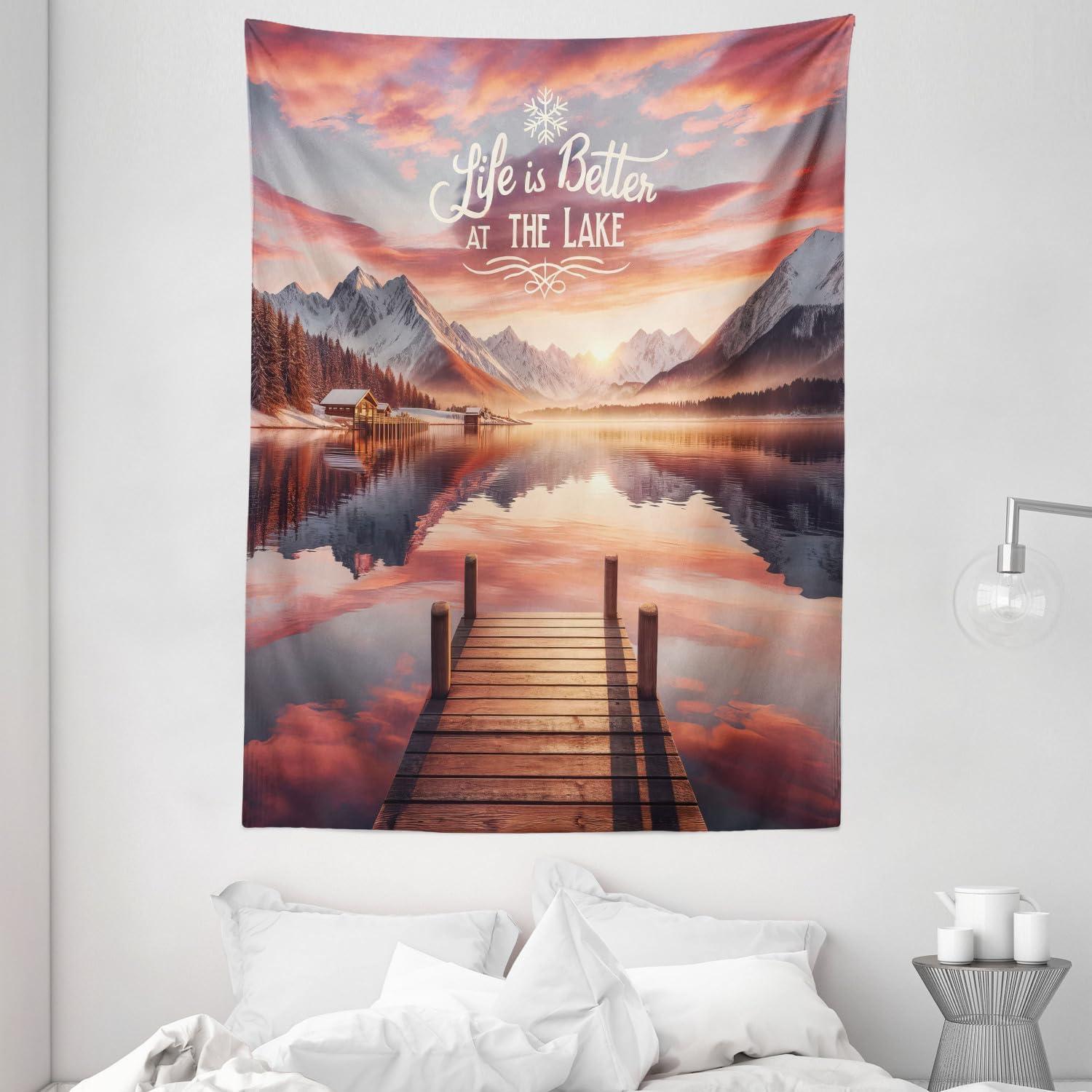 imageAmbesonne Lake Tapestry Mountains Calm Nature Scenery Botanical Neutral Ornaments Illustration Wall Hanging for Bedroom Living Room Dorm Decor 60quot X 80quot Pale Teal Tan and BrownSalmon Purple Grey