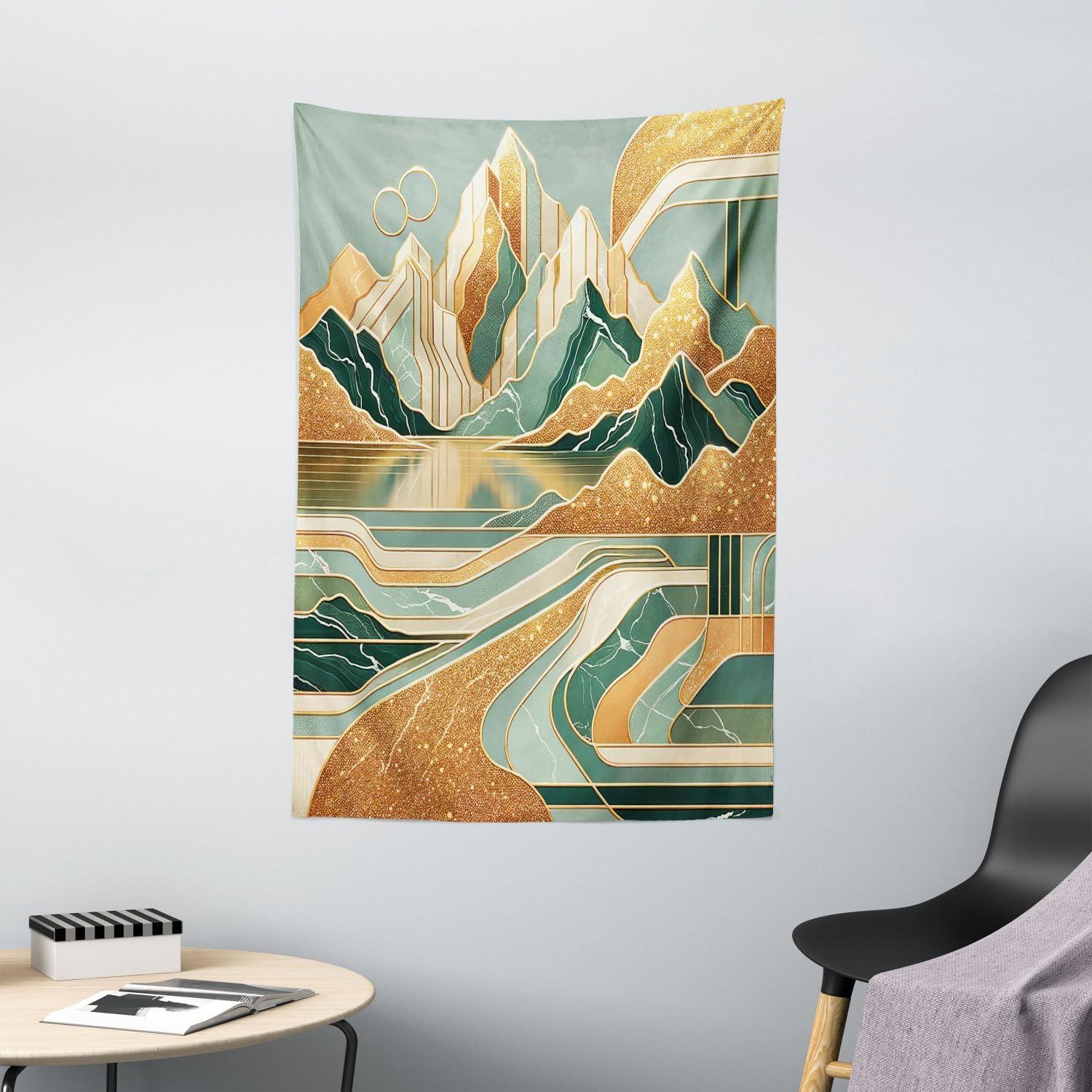 imageAmbesonne Lake Tapestry Mountains Calm Nature Scenery Botanical Neutral Ornaments Illustration Wall Hanging for Bedroom Living Room Dorm Decor 60quot X 80quot Pale Teal Tan and BrownAmber Teal Burnt Orange