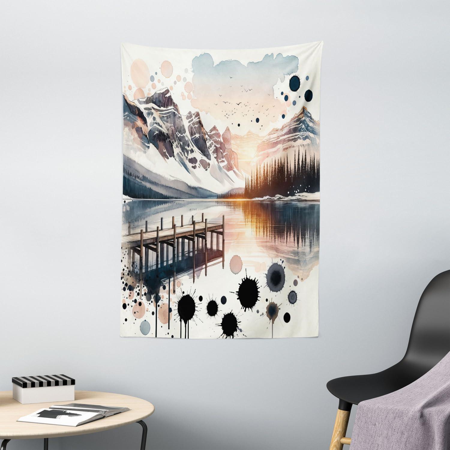 imageAmbesonne Lake Tapestry Mountains Calm Nature Scenery Botanical Neutral Ornaments Illustration Wall Hanging for Bedroom Living Room Dorm Decor 60quot X 80quot Pale Teal Tan and BrownPeach and Pale Slate Blue