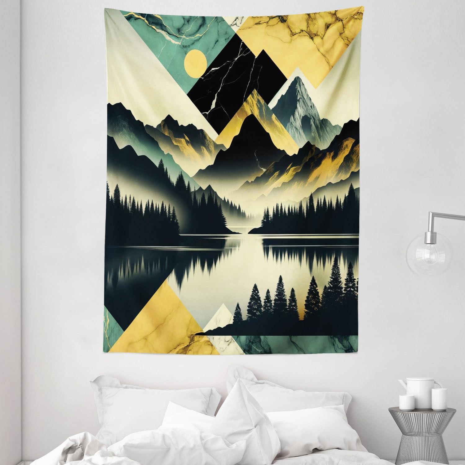 imageAmbesonne Lake Tapestry Mountains Calm Nature Scenery Botanical Neutral Ornaments Illustration Wall Hanging for Bedroom Living Room Dorm Decor 60quot X 80quot Pale Teal Tan and BrownDark Green Teal Khaki
