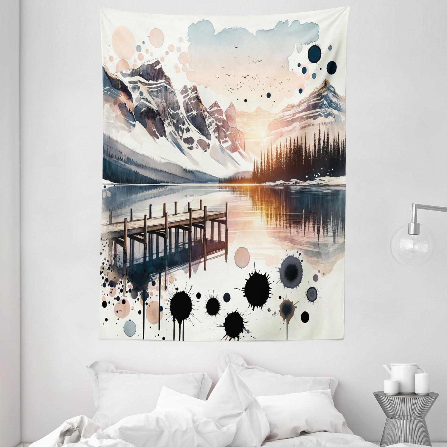 imageAmbesonne Lake Tapestry Mountains Calm Nature Scenery Botanical Neutral Ornaments Illustration Wall Hanging for Bedroom Living Room Dorm Decor 60quot X 80quot Pale Teal Tan and BrownPeach and Pale Slate Blue