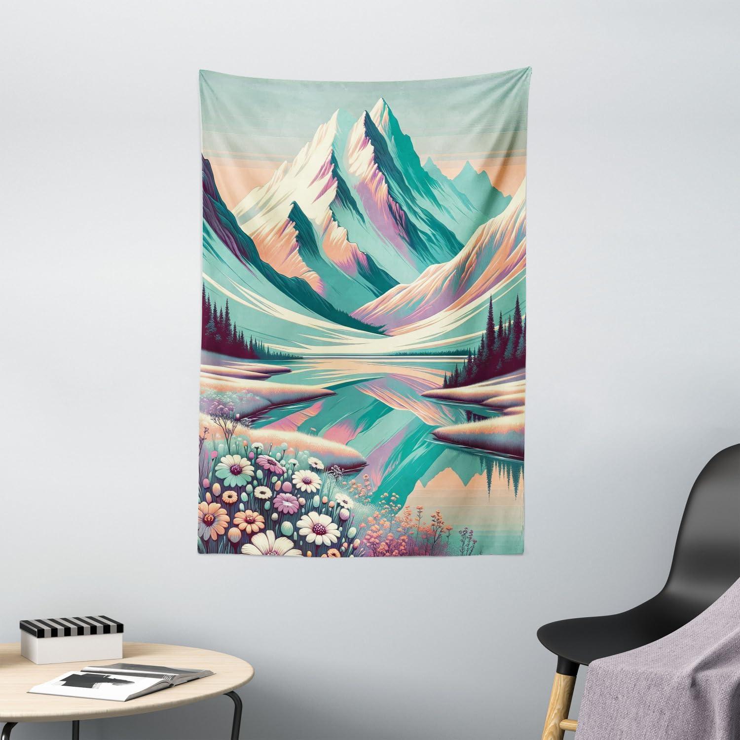 imageAmbesonne Lake Tapestry Mountains Calm Nature Scenery Botanical Neutral Ornaments Illustration Wall Hanging for Bedroom Living Room Dorm Decor 60quot X 80quot Pale Teal Tan and BrownSeafoam Coral Plum