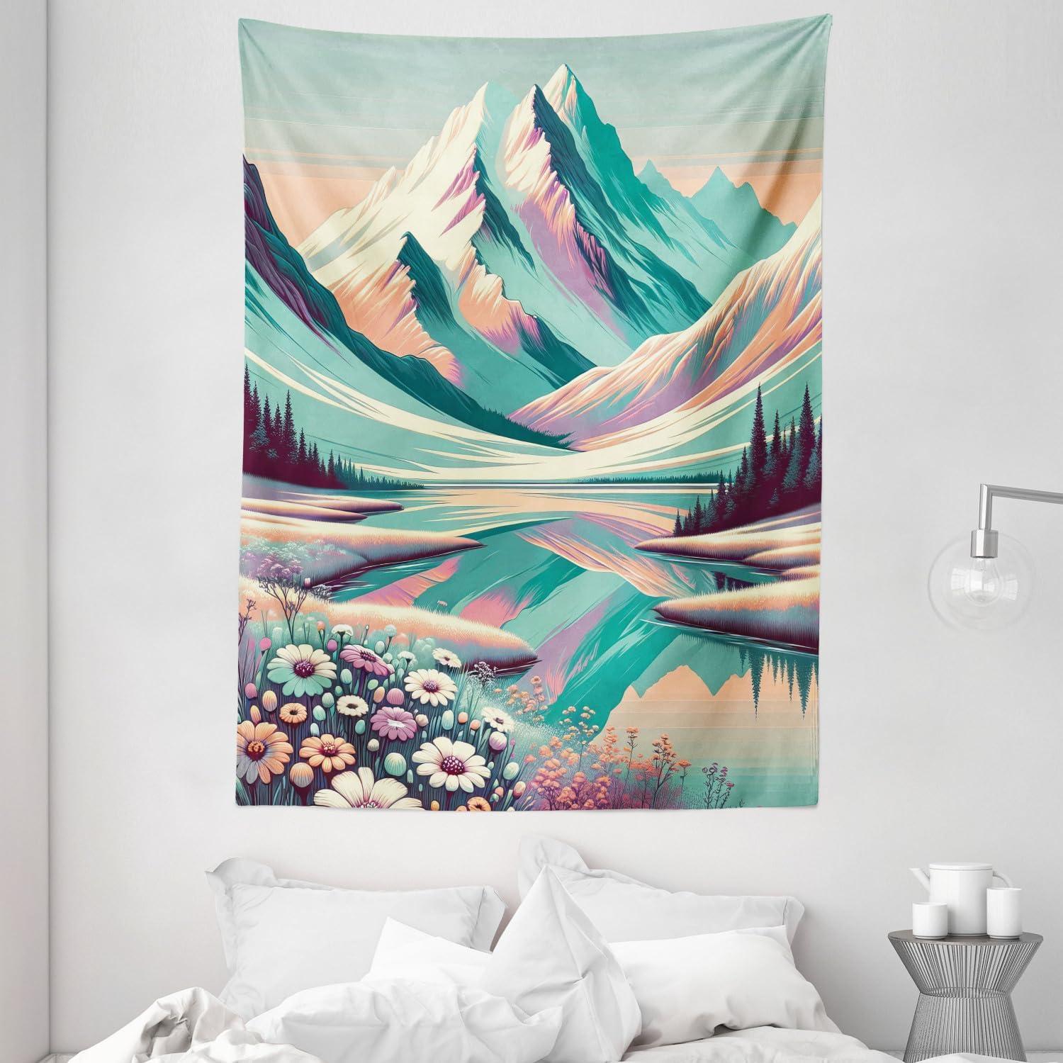 imageAmbesonne Lake Tapestry Mountains Calm Nature Scenery Botanical Neutral Ornaments Illustration Wall Hanging for Bedroom Living Room Dorm Decor 60quot X 80quot Pale Teal Tan and BrownSeafoam Coral Plum