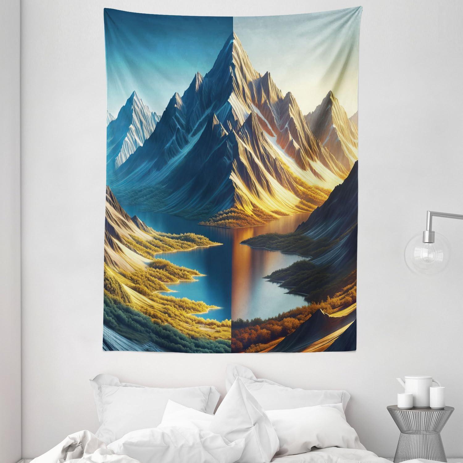 imageAmbesonne Lake Tapestry Mountains Calm Nature Scenery Botanical Neutral Ornaments Illustration Wall Hanging for Bedroom Living Room Dorm Decor 60quot X 80quot Pale Teal Tan and BrownSea Blue Dark Khaki