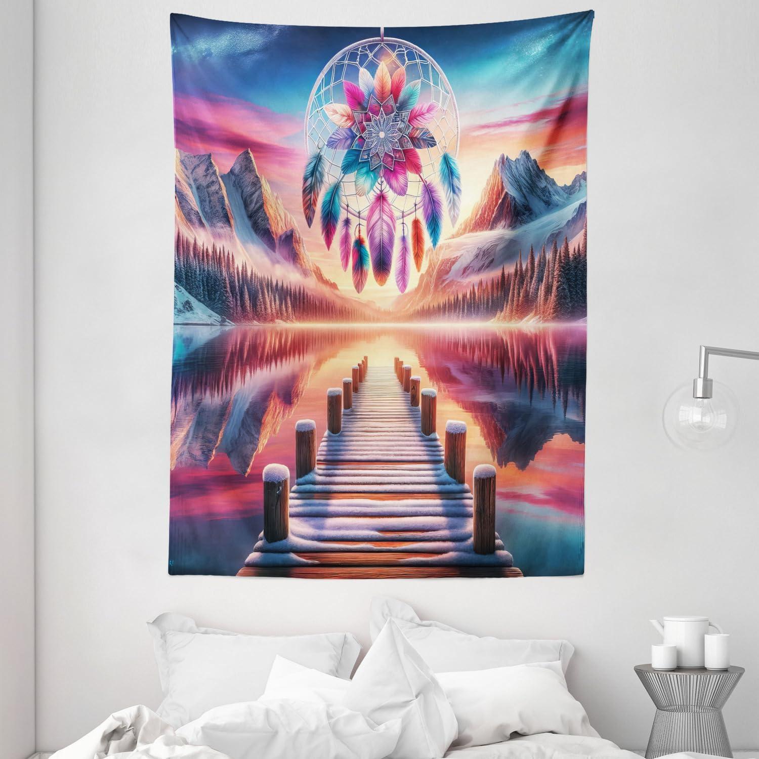 imageAmbesonne Lake Tapestry Mountains Calm Nature Scenery Botanical Neutral Ornaments Illustration Wall Hanging for Bedroom Living Room Dorm Decor 60quot X 80quot Pale Teal Tan and BrownPink Peach and Teal