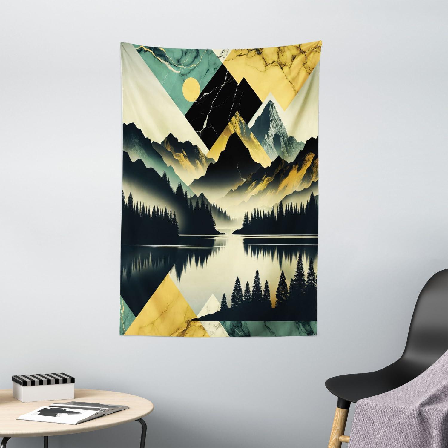 imageAmbesonne Lake Tapestry Mountains Calm Nature Scenery Botanical Neutral Ornaments Illustration Wall Hanging for Bedroom Living Room Dorm Decor 60quot X 80quot Pale Teal Tan and BrownDark Green Teal Khaki