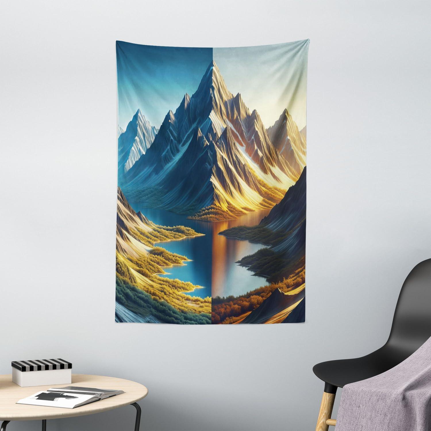 imageAmbesonne Lake Tapestry Mountains Calm Nature Scenery Botanical Neutral Ornaments Illustration Wall Hanging for Bedroom Living Room Dorm Decor 60quot X 80quot Pale Teal Tan and BrownSea Blue Dark Khaki