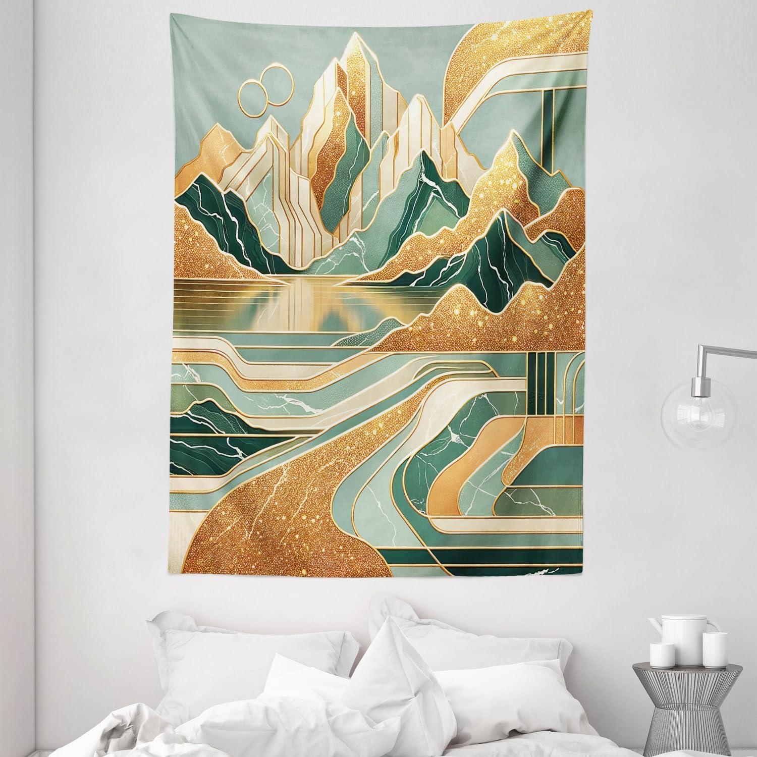 imageAmbesonne Lake Tapestry Mountains Calm Nature Scenery Botanical Neutral Ornaments Illustration Wall Hanging for Bedroom Living Room Dorm Decor 60quot X 80quot Pale Teal Tan and BrownAmber Teal Burnt Orange