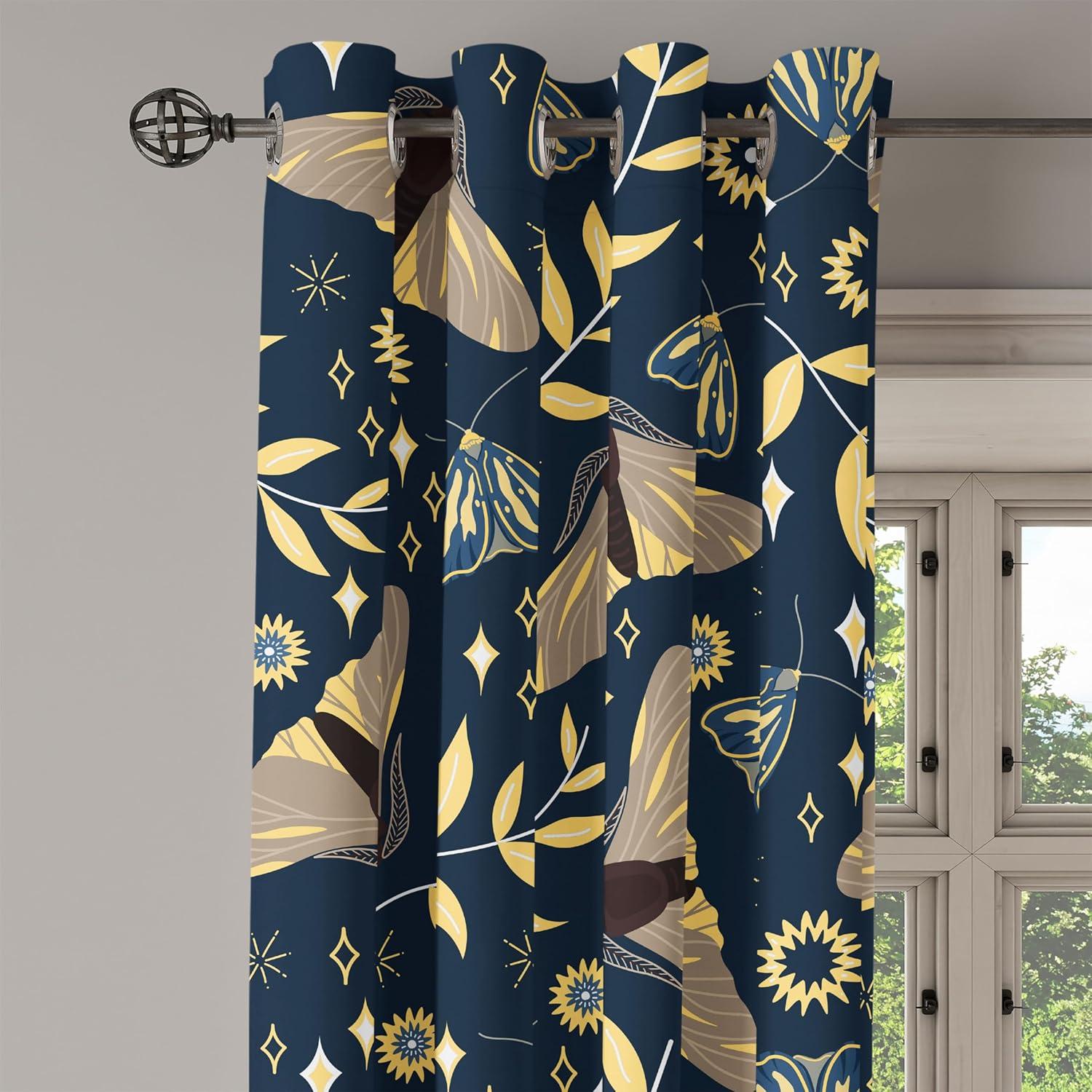 imageAmbesonne Moth Boho Grommet Curtain Neutral Chocolate Tones Wingy Animals with Cosmic Stars Moons and Stripes Print Decorative 2Panel Window Drapes for Bedroom Living Room 50quot x 72quot Sepia BeigeDark Slate Blue Mustard