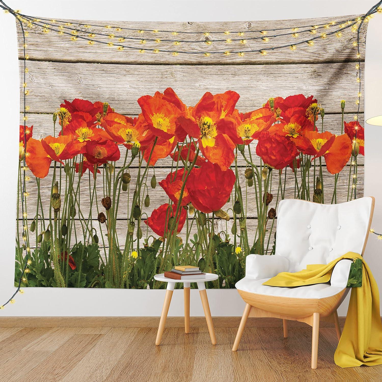 imageAmbesonne Rustic Tapestry Close Line of Poppy Petals Field Meadow Summer Holiday Sun Plant Floral Theme Wide Wall Hanging for Bedroom Living Room Dorm 60quot X 40quot Orange BrownOrange Brown