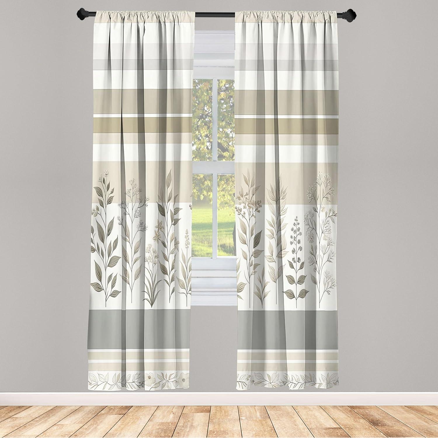 imageAmbesonne Striped Window Curtains Modern Minimalist Leafy Scene Neutral Boho Stripes with Floral Details Lightweight Decorative 2Panel Set ampamp Rod Pocket Pair of 28quot x 84quot Pale Grey Eggshell Dusk