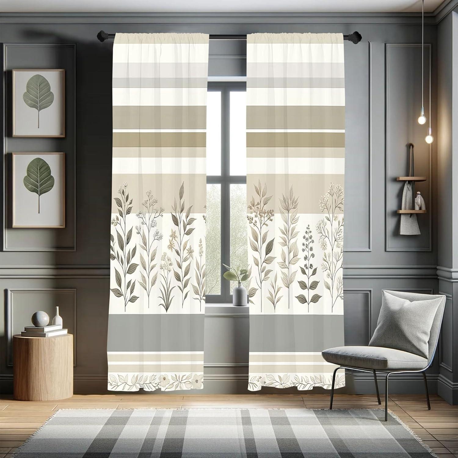 imageAmbesonne Striped Window Curtains Pack of 2 Modern Minimalist Leafy Scene Neutral Boho Stripes with Floral Details Lightweight Set ampamp Rod Pocket 4 Panels of 28quot x 84quot Pale Grey Eggshell Dusk