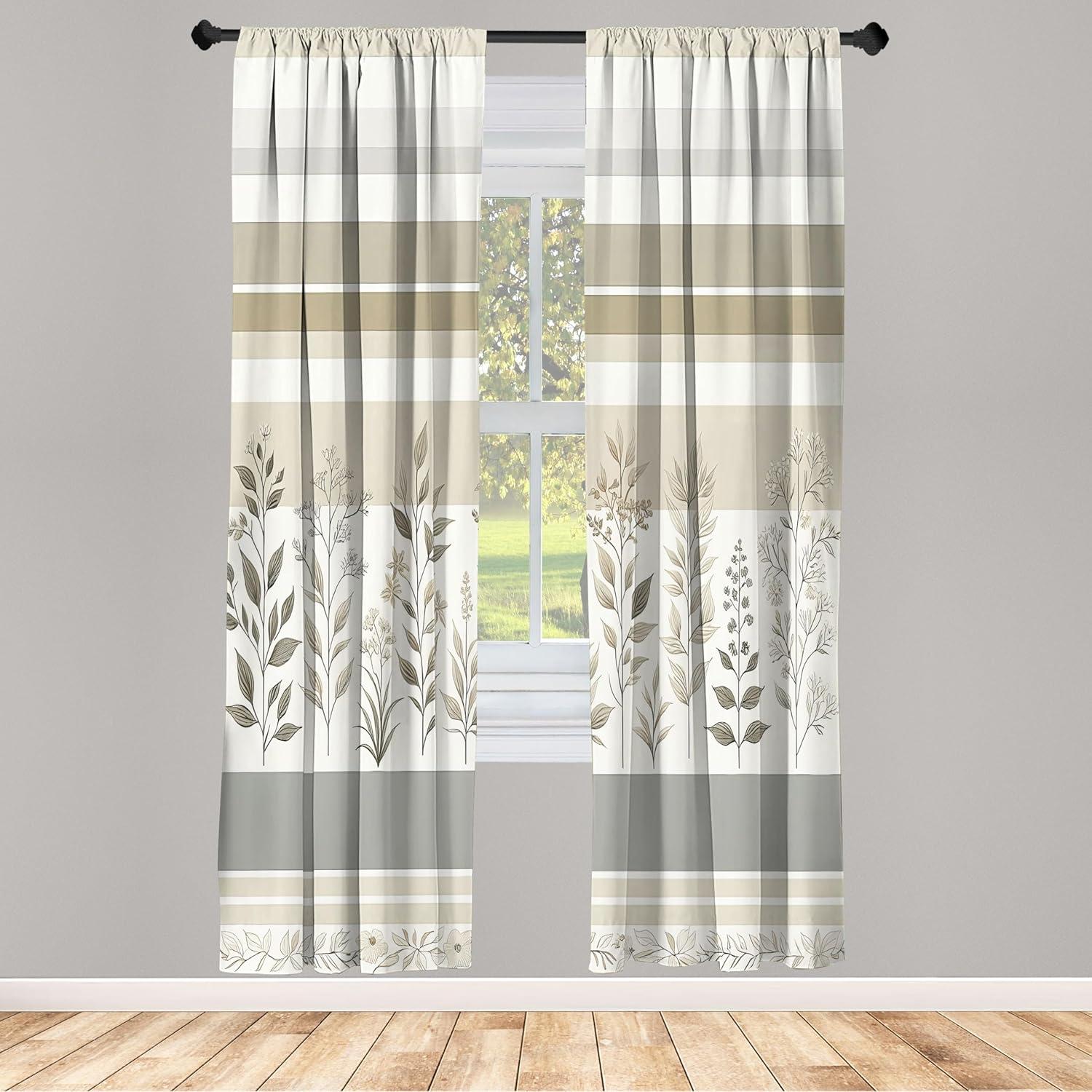 imageAmbesonne Striped Window Curtains Pack of 2 Modern Minimalist Leafy Scene Neutral Boho Stripes with Floral Details Lightweight Set ampamp Rod Pocket 4 Panels of 28quot x 84quot Pale Grey Eggshell Dusk