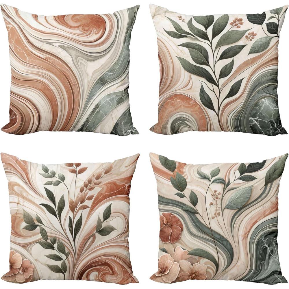 imageAmbesonne Botanical Throw Pillow Cushion Cover Set of 4 Modern and Warm Neutral Marble Print and Leafy Branches Abstract Waves Decorative Accent DoubleSided Printing 24quot Pale Cinnamon Green