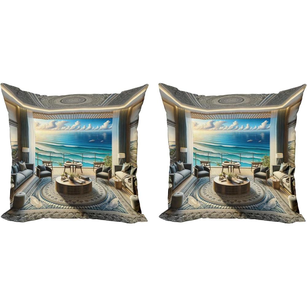 imageAmbesonne Classic Decorative Throw Pillow Case Pack of 2 Extravagant Hall with Oceanic and Neutral Color Details Room View Print Couch Bedroom Living Room Cushion Cover 18quot Coconut and Sea BlueCoconut Blue and Turquoise