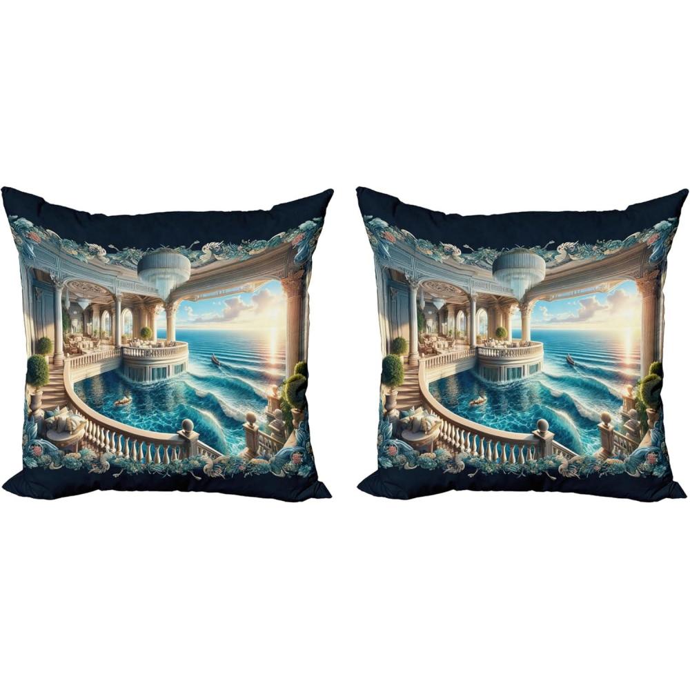 imageAmbesonne Classic Decorative Throw Pillow Case Pack of 2 Extravagant Hall with Oceanic and Neutral Color Details Room View Print Couch Bedroom Living Room Cushion Cover 18quot Coconut and Sea BlueDark Turquoise and Ecru