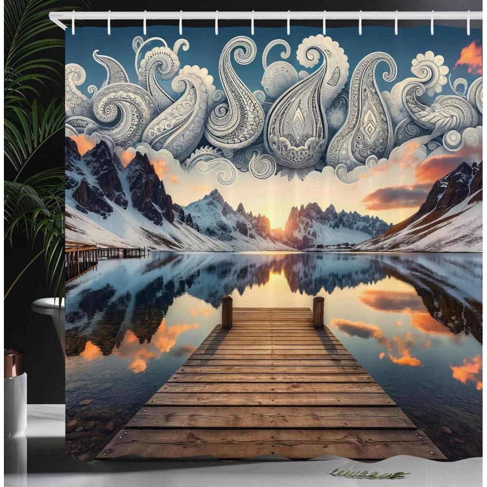 imageAmbesonne Classic Shower Curtain Hedonistic Pampered Room in Muted Tones Neutral Colors Rich Ornament Cloth Fabric Bathroom Decor Set with Hooks 69quot W x 84quot L Coconut and Off WhiteSlate Blue and Peach