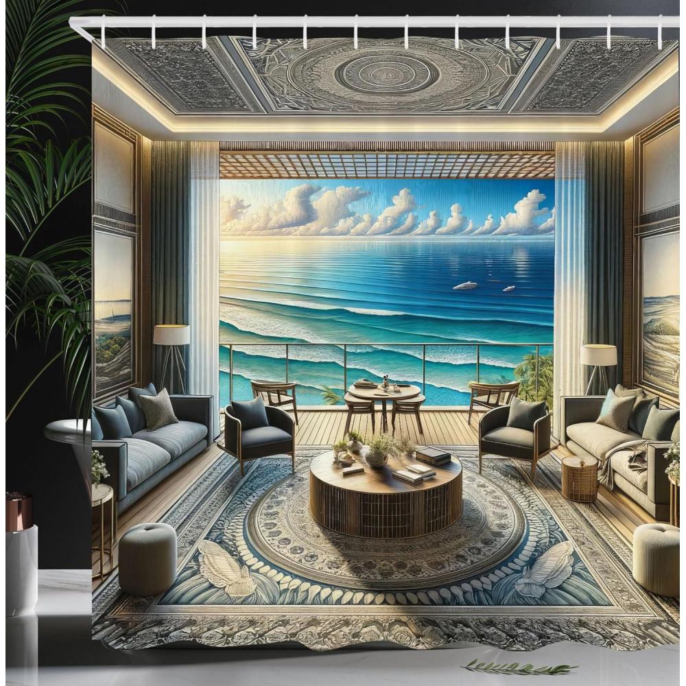 imageAmbesonne Classic Shower Curtain Hedonistic Pampered Room in Muted Tones Neutral Colors Rich Ornament Cloth Fabric Bathroom Decor Set with Hooks 69quot W x 84quot L Coconut and Off WhiteCoconut Blue and Turquoise