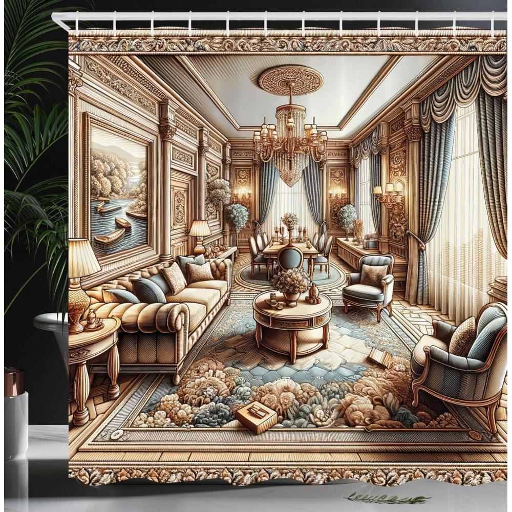 imageAmbesonne Classic Shower Curtain Hedonistic Pampered Room in Muted Tones Neutral Colors Rich Ornament Cloth Fabric Bathroom Decor Set with Hooks 69quot W x 84quot L Coconut and Off WhiteGinger and Blue