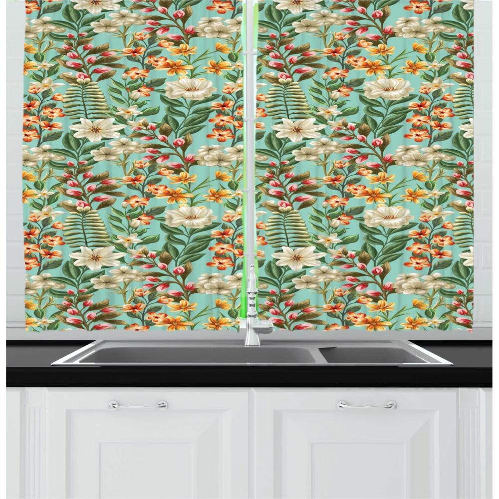 imageAmbesonne Floral Hawaiian Long Kitchen Curtains Exotic Botanical Garden Pattern with Colorful Flowers Repetition Two Panels Drapes with Rod Pocket Room Decor 55quot x 45quot Seafoam Multicolor
