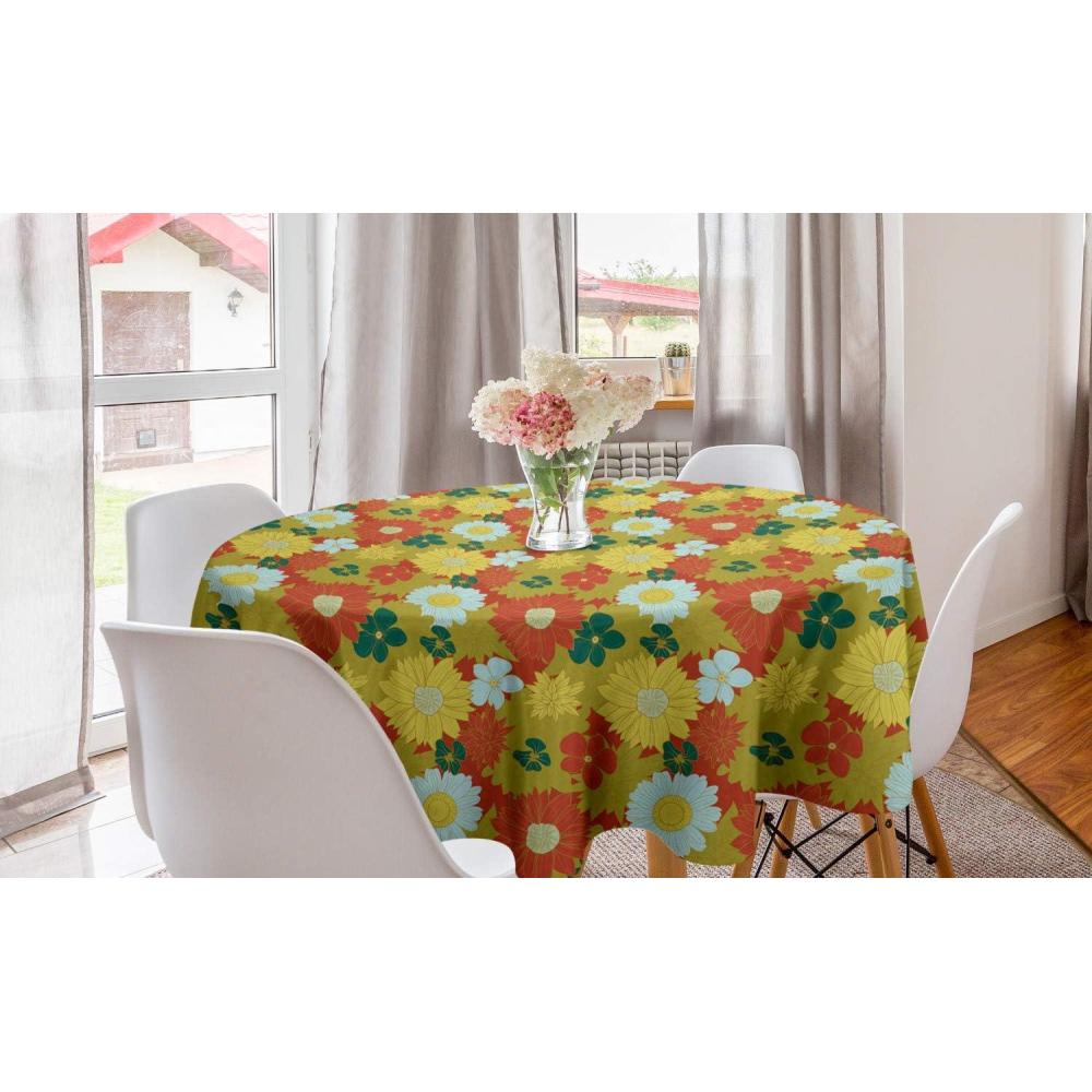 imageAmbesonne Floral Round Tablecloth Ornamental Design Vintage Effect Blooming Chrysanthemum and Lily Flowers with Leaves Circle Table Cloth Cover for Dining Room Kitchen Decoration 60quot Multicolor