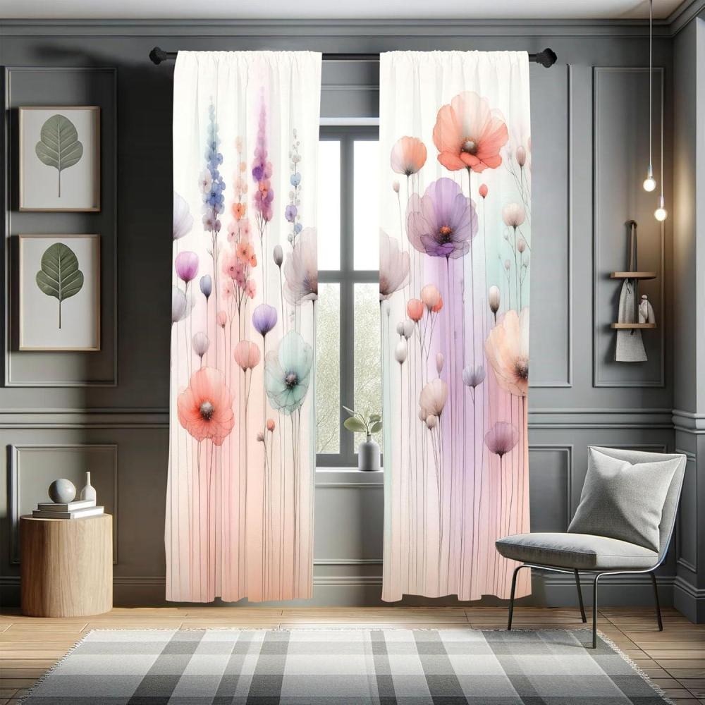imageAmbesonne Floral Window Curtains Pack of 2 Minimalist Design Cozy Neutral Farmhouse Plaid with Leaves and Flowers Lightweight Set ampamp Rod Pocket 4 Panels of 28quot x 63quot Sage Green Blue YellowCoral Lilac Mint Green