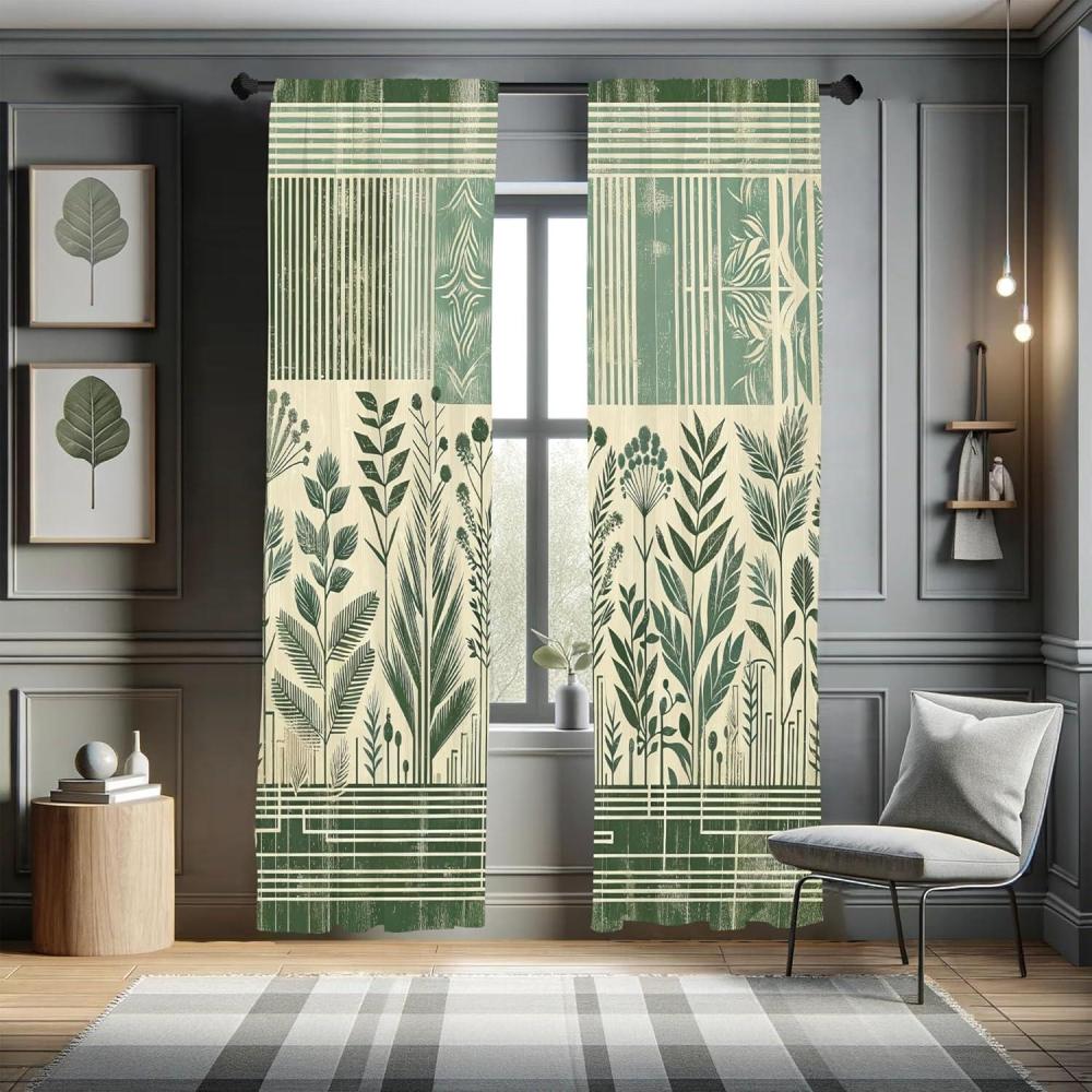 imageAmbesonne Floral Window Curtains Pack of 2 Minimalist Design Cozy Neutral Farmhouse Plaid with Leaves and Flowers Lightweight Set ampamp Rod Pocket 4 Panels of 28quot x 63quot Sage Green Blue YellowLaurel Green Champagne