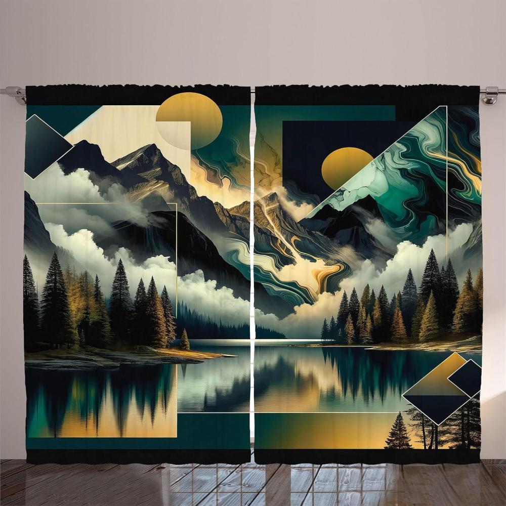 imageAmbesonne Lake Curtains Mountains Calm Nature Scenery Botanical Neutral Ornaments Illustration Living Room Bedroom Window Drapes 2 Panel Set 108quot X 96quot Pale Teal Tan and BrownTeal Earth Yellow Grey
