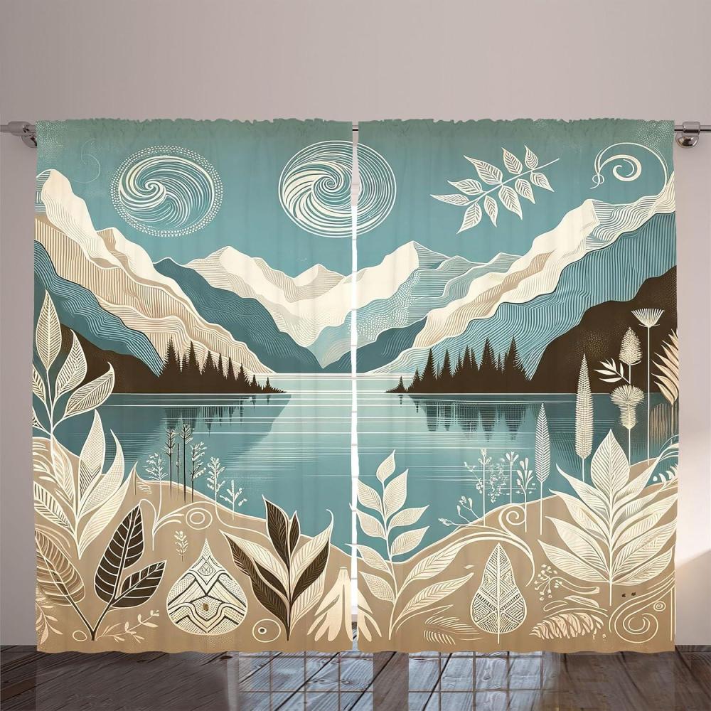 imageAmbesonne Lake Curtains Mountains Calm Nature Scenery Botanical Neutral Ornaments Illustration Living Room Bedroom Window Drapes 2 Panel Set 108quot X 96quot Pale Teal Tan and BrownPale Teal Tan and Brown